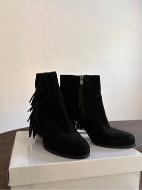 Via Spiga Black Suede Fringe Ankle Booties